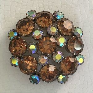 Signed Kramer Topaz & Aurora Borealis Rhinestone Brooch 2.5” Vintage Designer